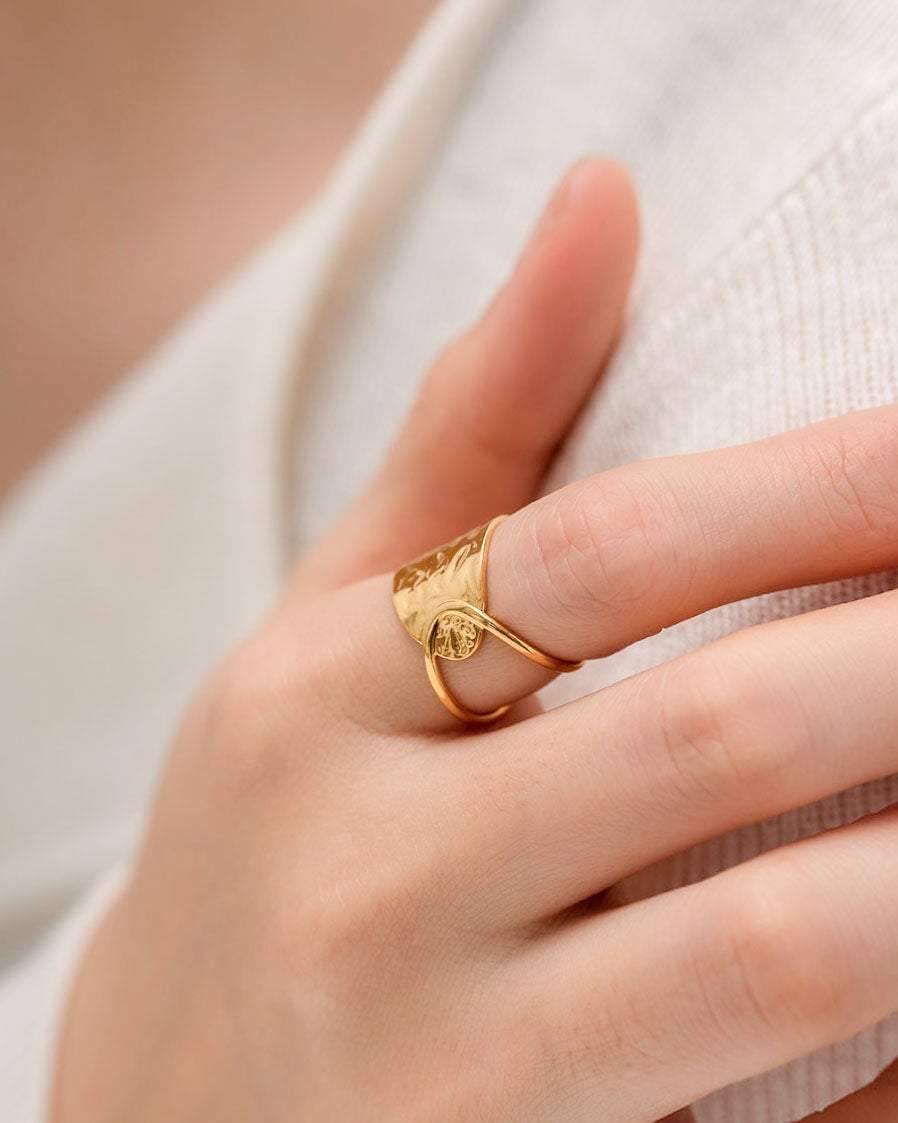 Model wearing 18K gold plated hammered wide cuff statement ring — HYFN