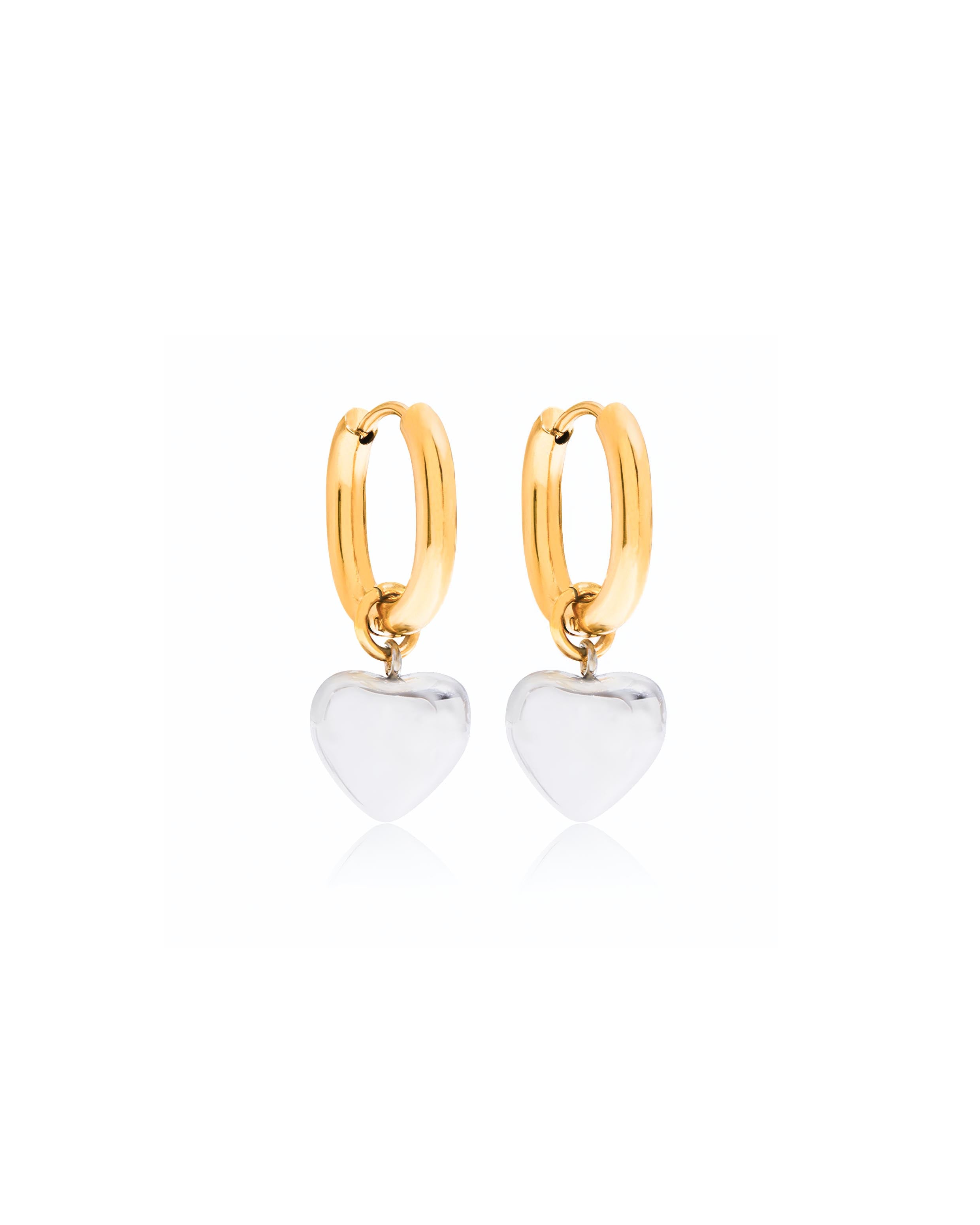 18K gold plated hoop earrings with silver puffy heart charm — HYFN