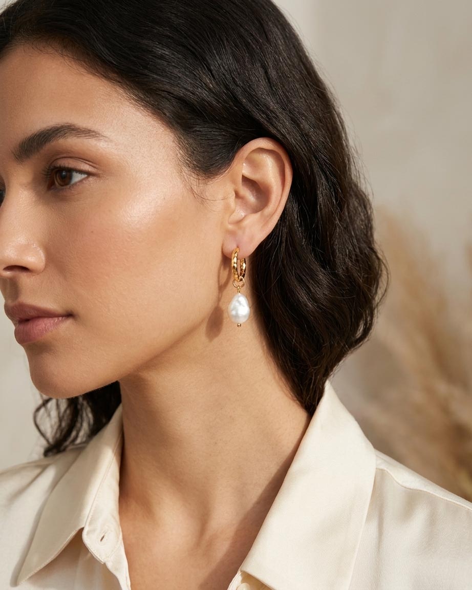 Model wearing 18K gold plated pearl drop hoop earrings — HYFN