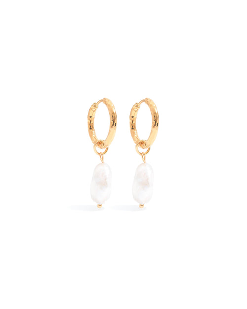 18K gold plated textured hoop earrings with pearl drop — HYFN