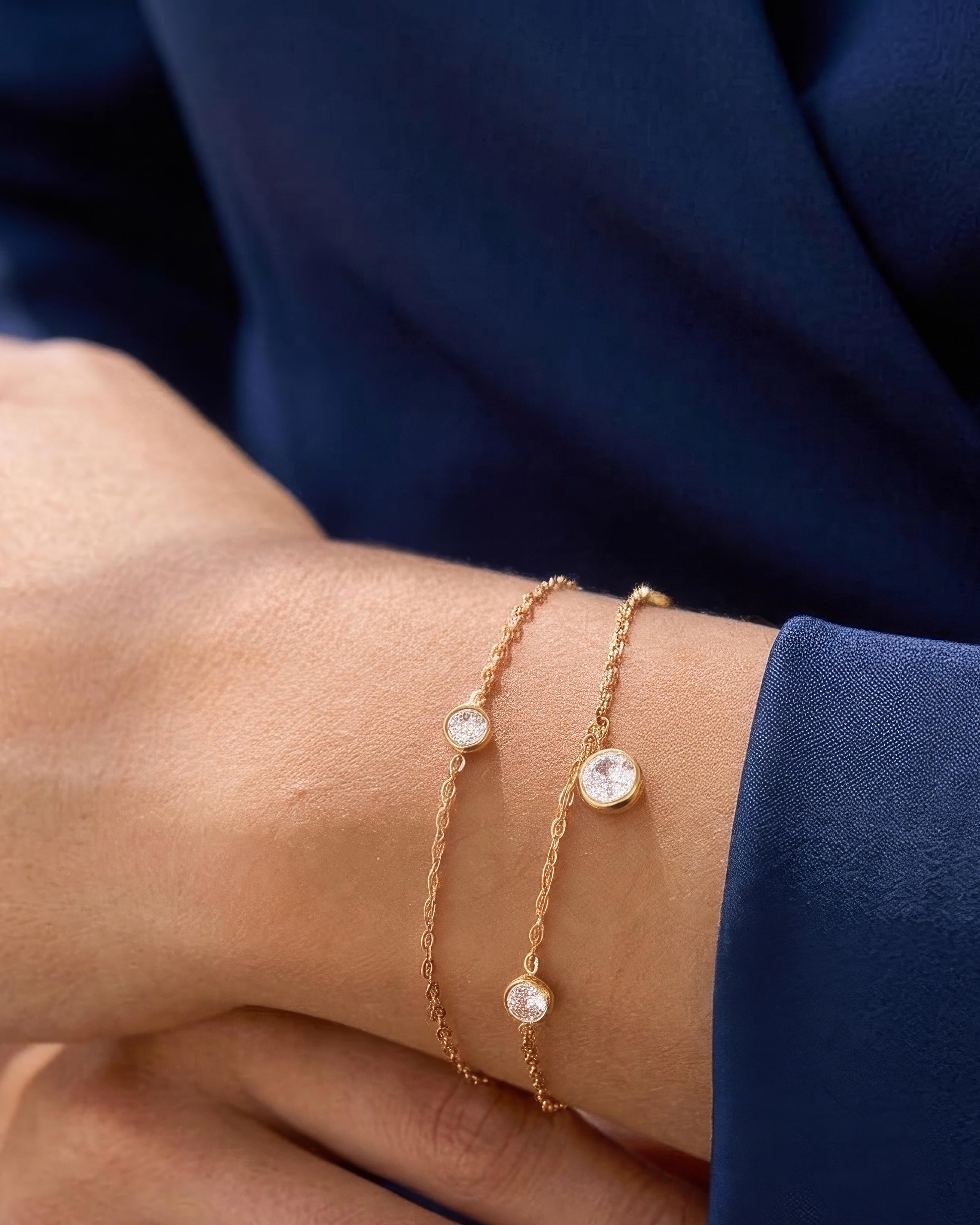 Model wearing 18K gold plated double chain crystal bracelet — HYFN