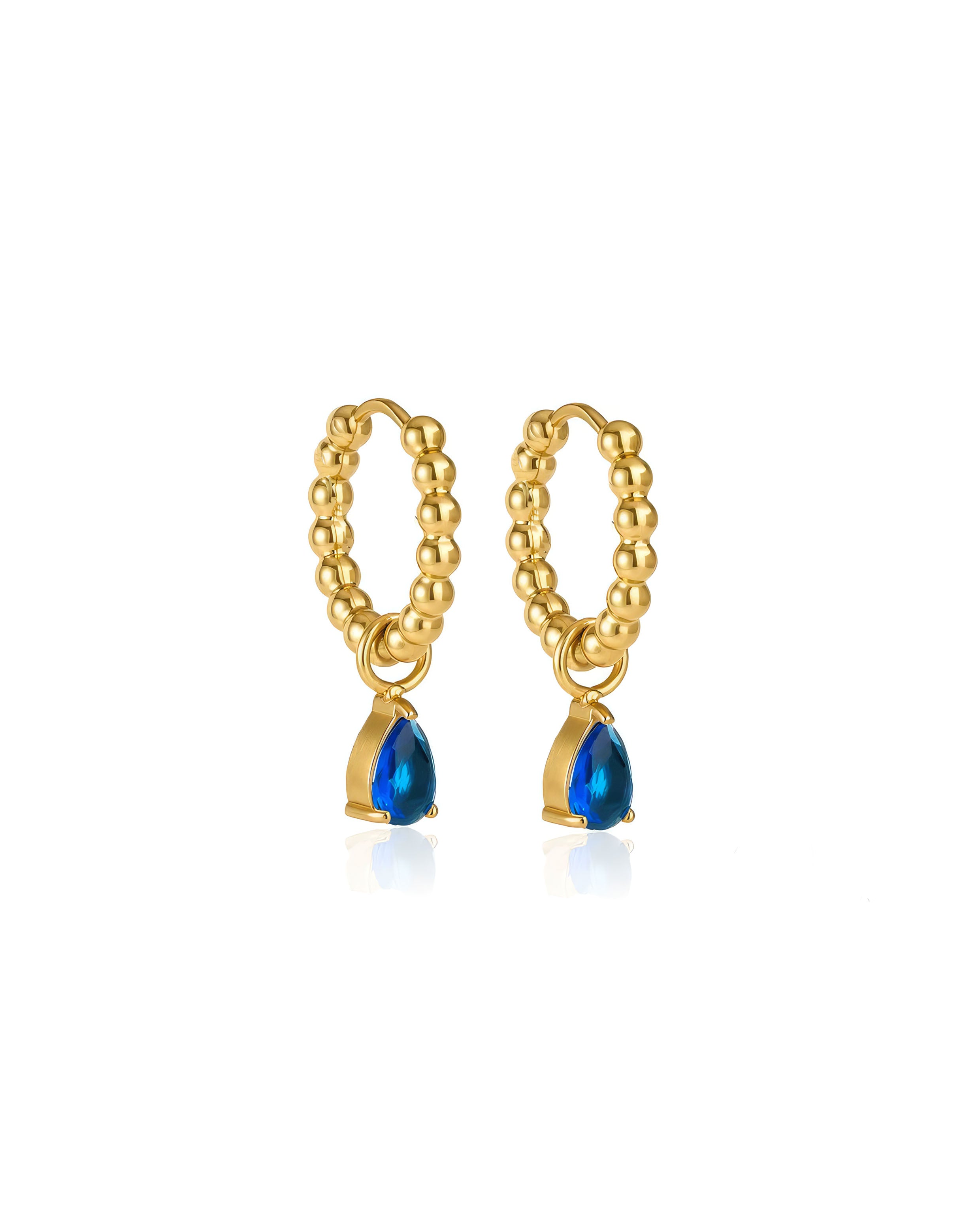 18K gold plated beaded hoop earrings with blue sapphire teardrop charm — HYFN