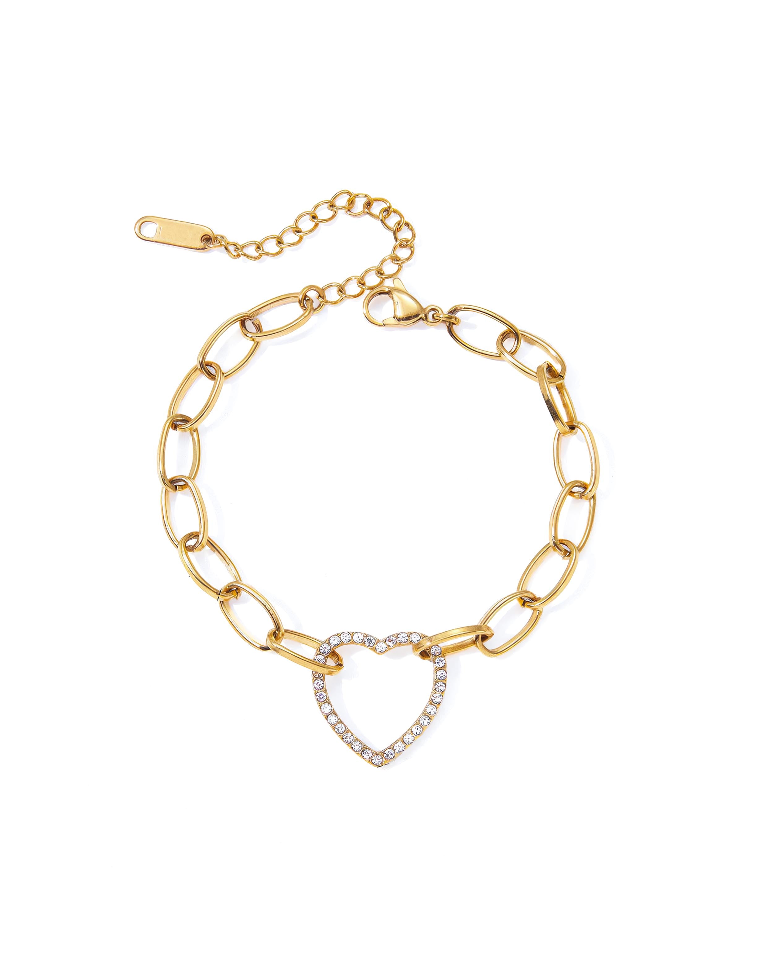 18K gold plated chain link bracelet with crystal pavé heart charm — HYFN