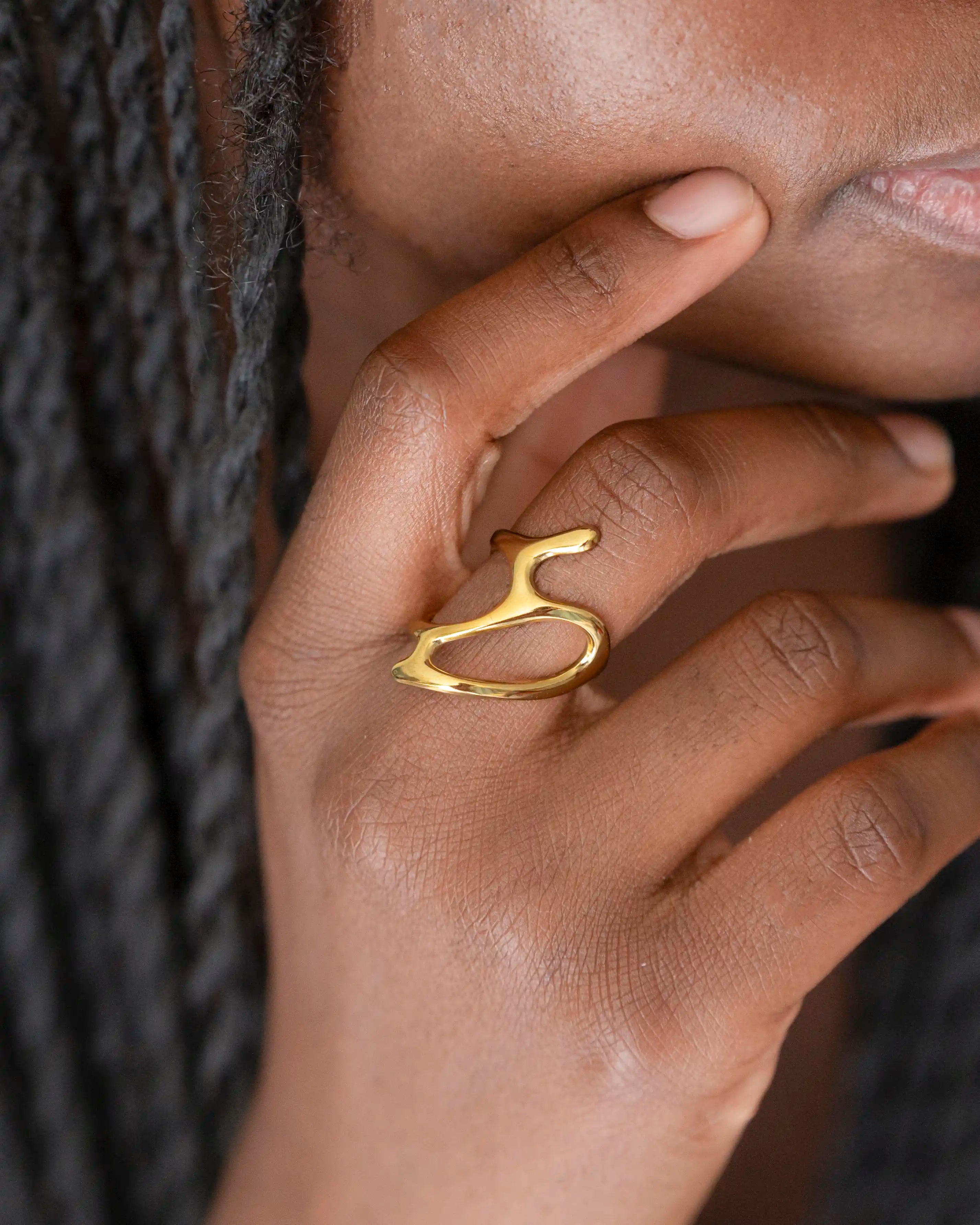 Model wearing 18K gold plated bold abstract open ring — HYFN