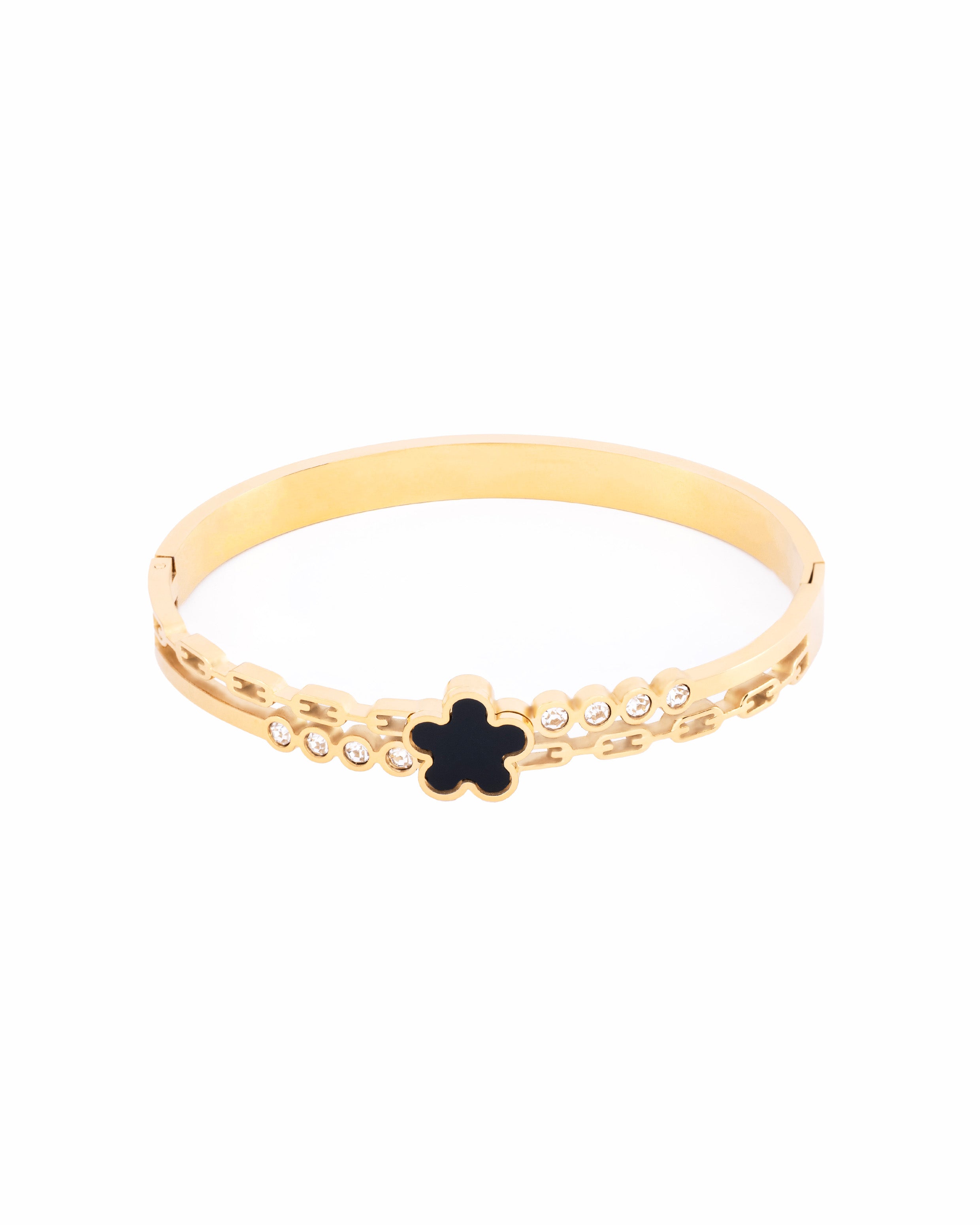 18K gold plated bangle bracelet with black enamel clover and crystal detail — HYFN