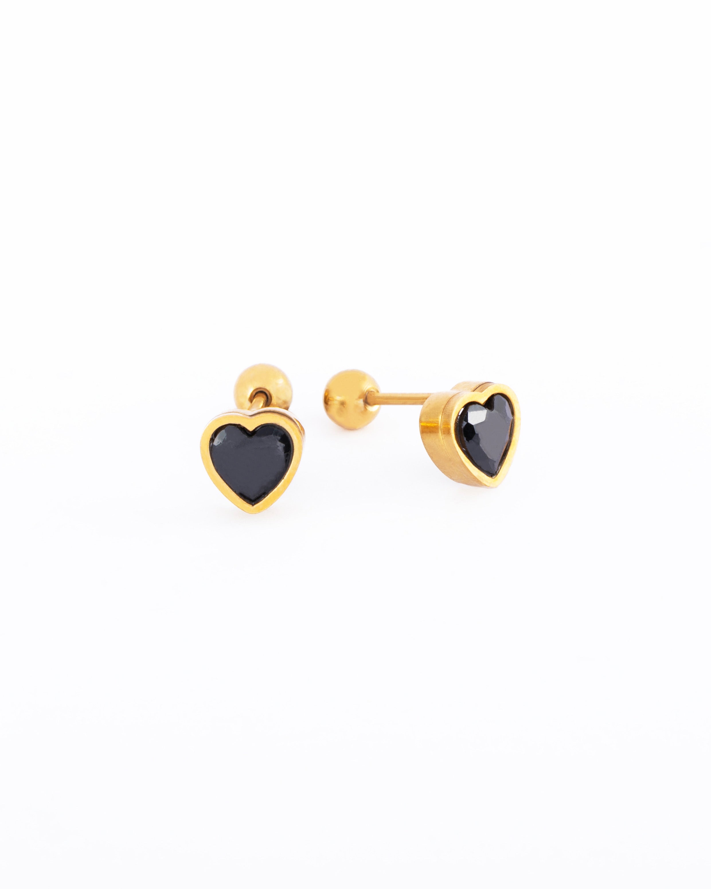 18K gold plated black crystal heart stud earrings — HYFN