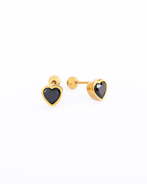 18K gold plated black crystal heart stud earrings — HYFN