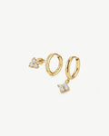 18K gold plated Capri earring set with crystal studs, pavé hoops and clover charm hoops — HYFN