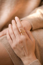 Model wearing 18K gold plated double bar geometric statement ring — HYFN