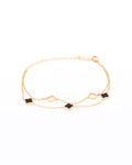 18K gold plated double chain bracelet with black and mother of pearl clover charms — HYFN