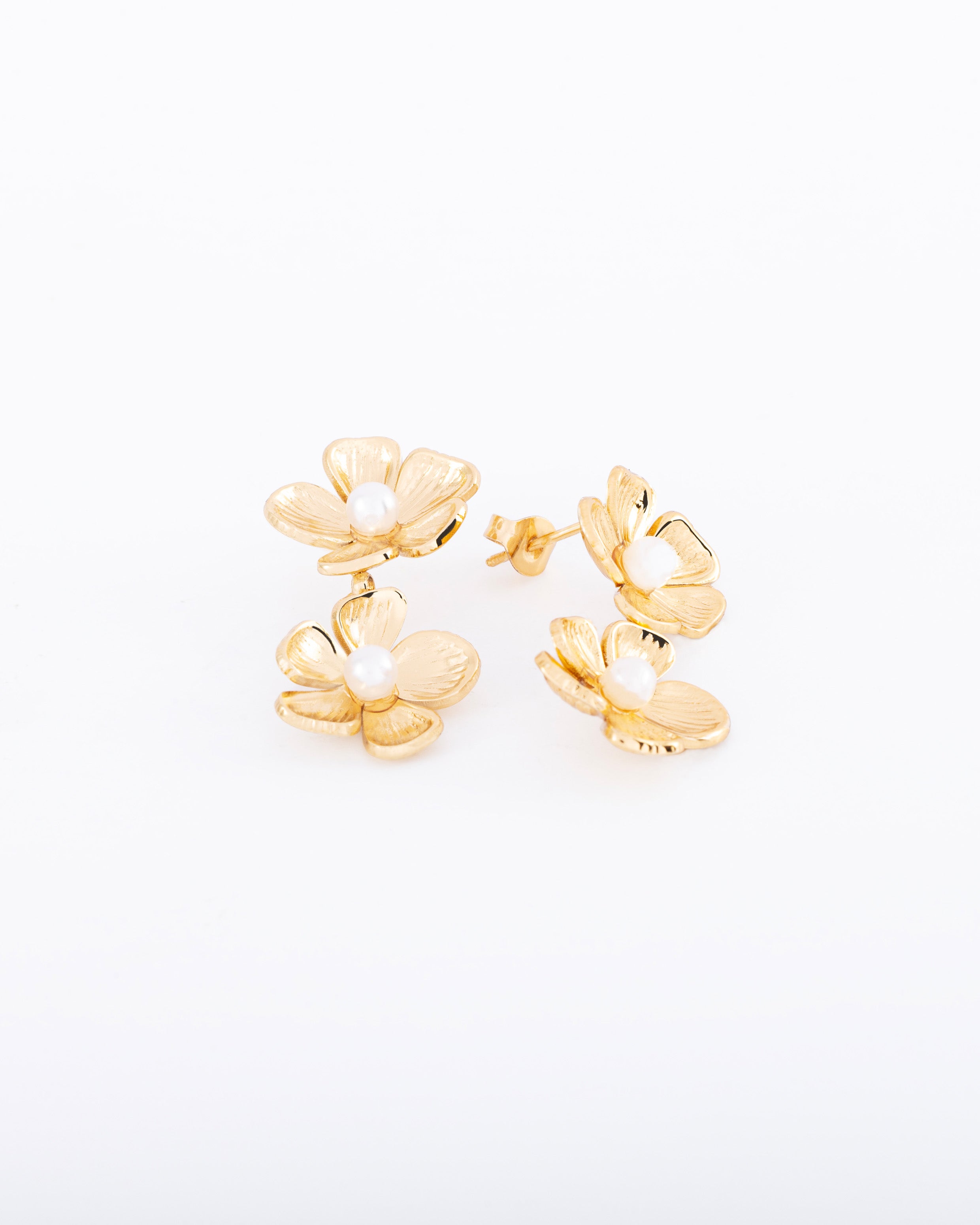 18K gold plated double floral drop earrings with freshwater pearl centre — HYFN