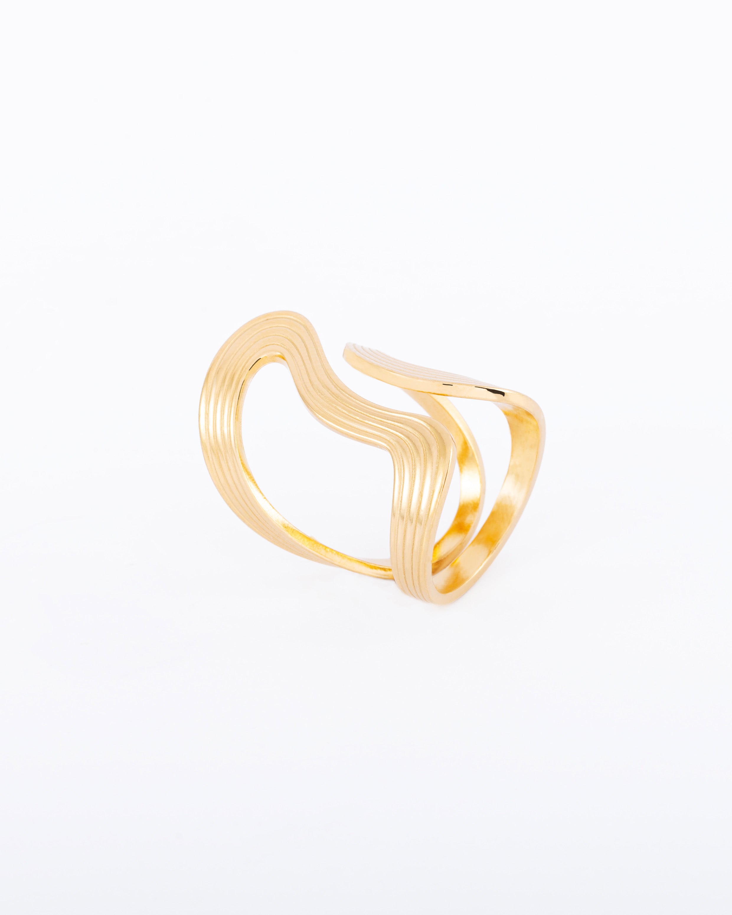 18K gold plated wide ribbed wave open cuff statement ring — HYFN