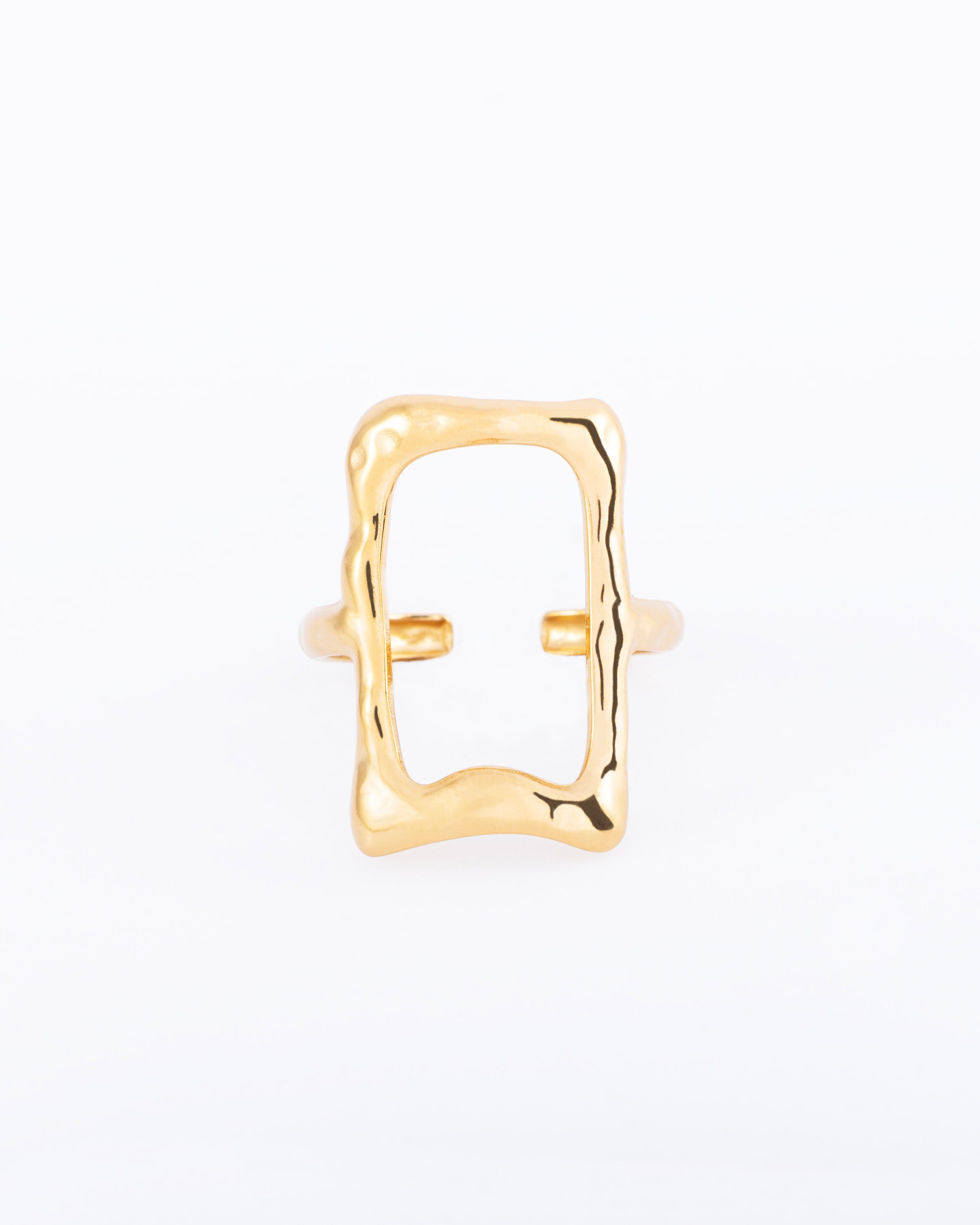 18K gold plated hammered rectangular statement ring with open frame — HYFN