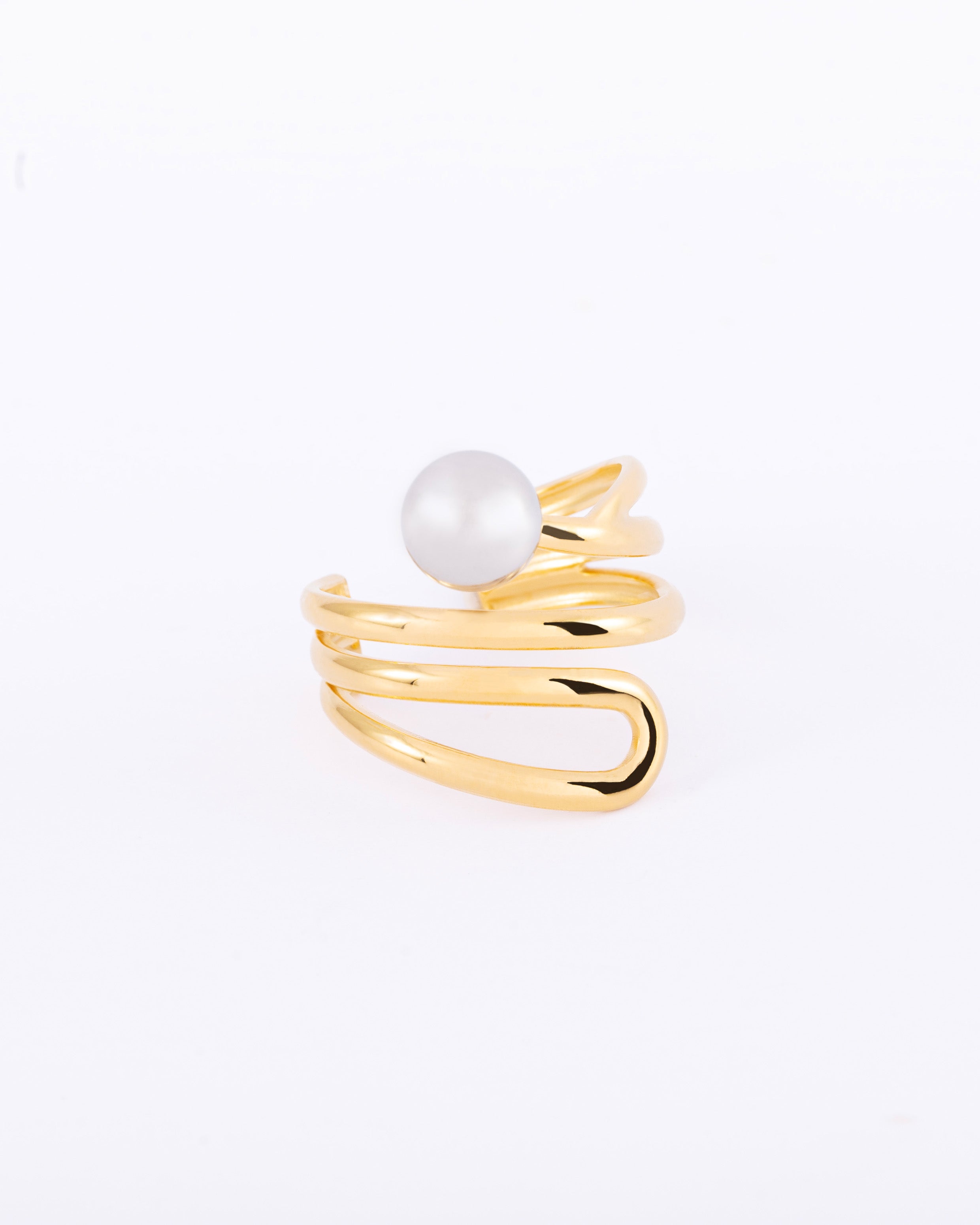 18K gold plated sculptural coil ring with silver pearl top — HYFN