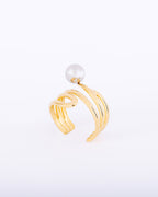 18K gold plated abstract multi-wire open ring with freshwater silver pearl — HYFN