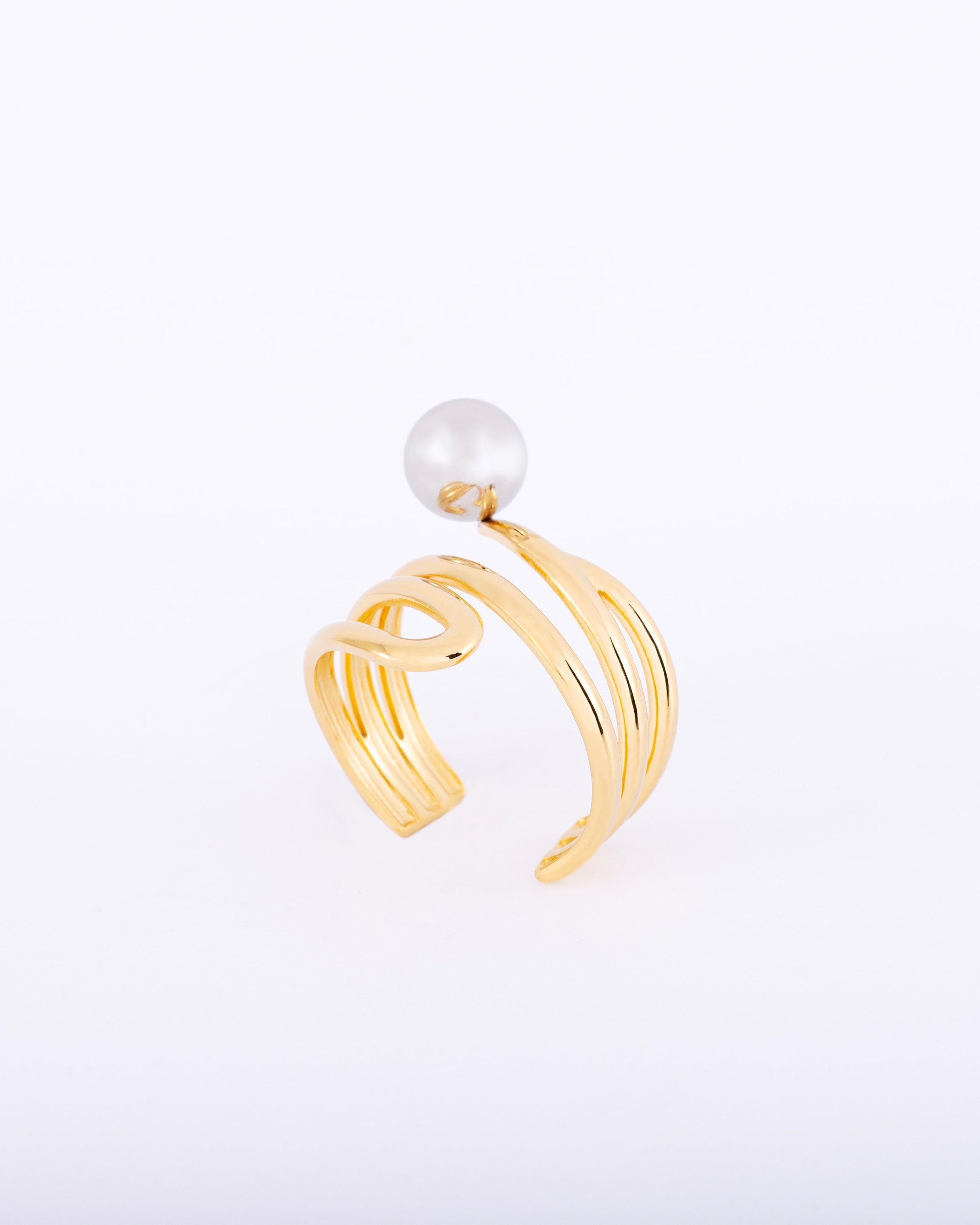 18K gold plated abstract multi-wire open ring with freshwater silver pearl — HYFN
