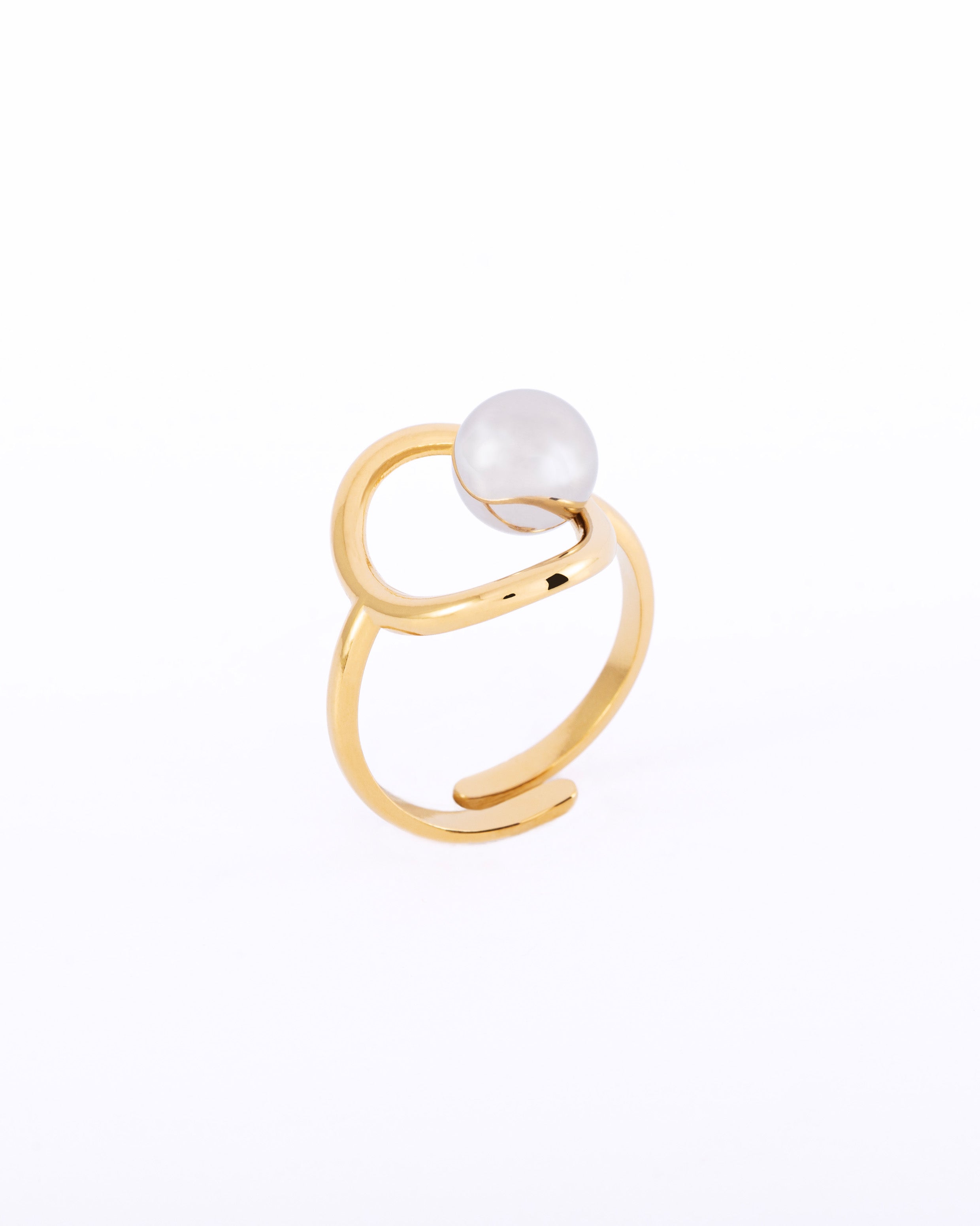 18K gold plated open circle adjustable ring with silver pearl— HYFN
