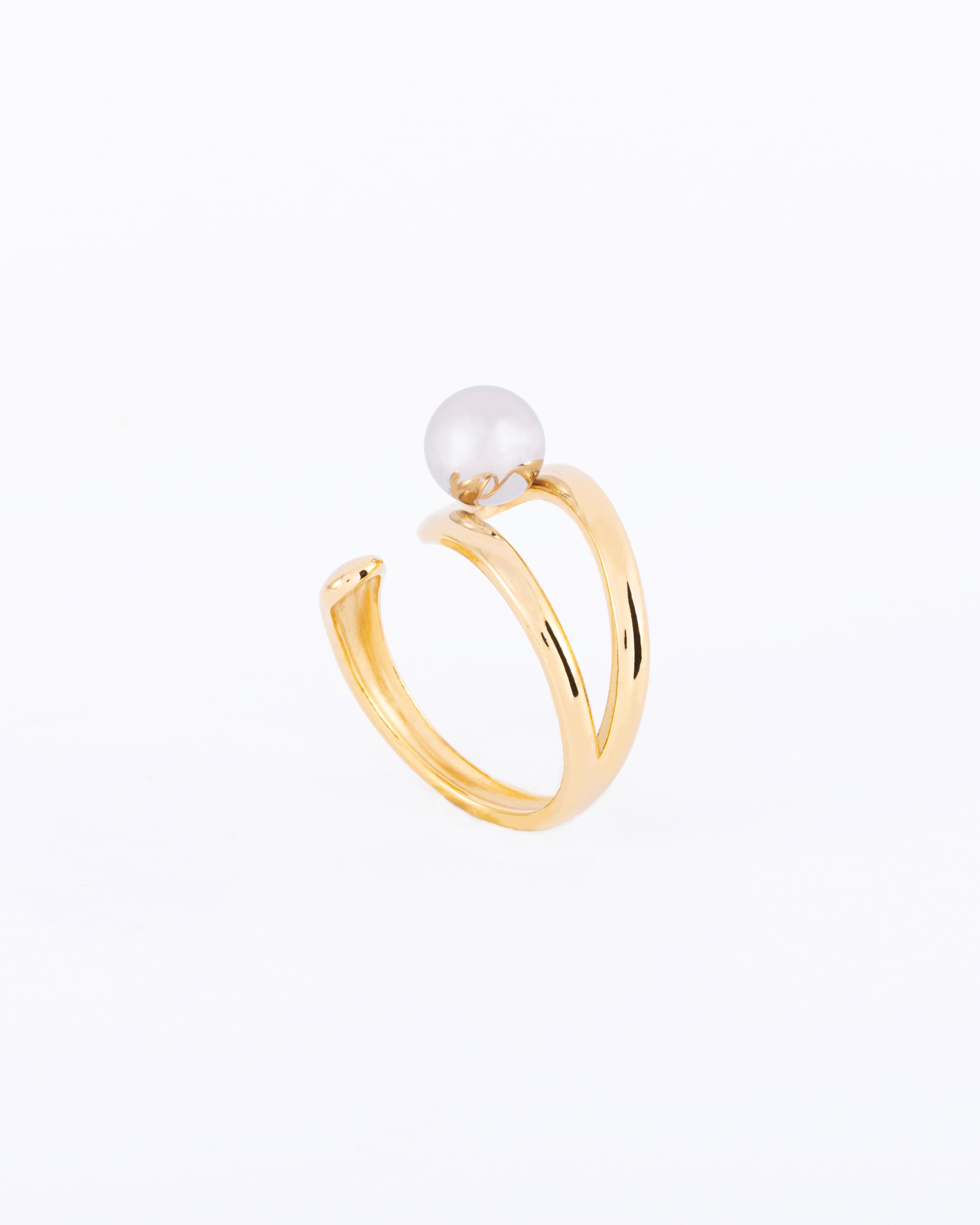 18K gold plated double band open ring with freshwater silver pearl — HYFN