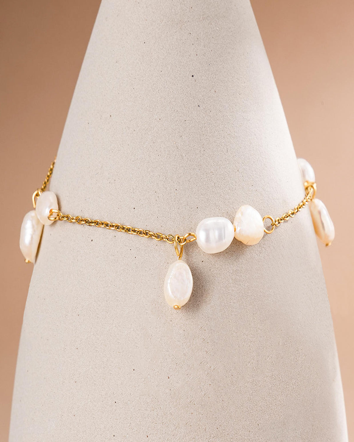 18K gold plated pearl charm chain bracelet on display — HYFN